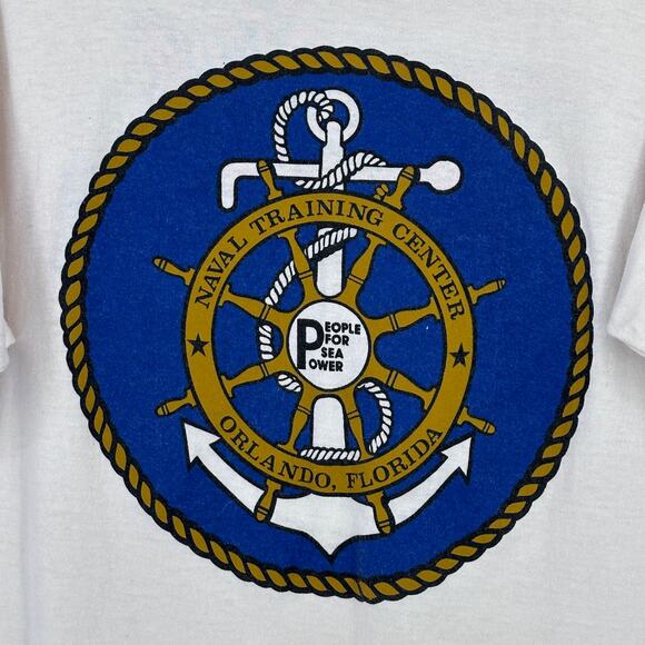 Vtg 80s Naval Training Center Orlando Ringer T Shirt Size M Pipestem Velva Sheen - Picture 2 of 8
